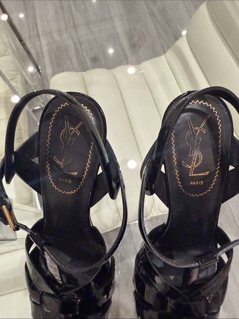 Saint Laurent Black Patent Leather Braided T-Strap Heel Sandals - Picture 12 of 12